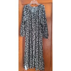 Old‎ Navy Midi Dress Boho XL Black Floral Balloon Long Sleeve Waist Defined